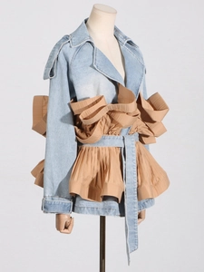 Fashionable denim utility jacket with ruffled hem and patchwork design in light blue and khaki
