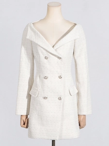 Elegant off-shoulder tweed mini dress with double-breasted buttons in creamy white