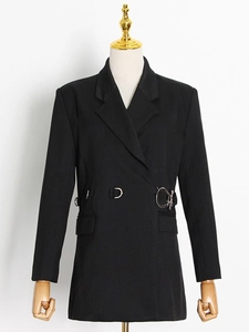 Elegant slim-fit black blazer with peaked lapels and decorative silver metal waist buckles