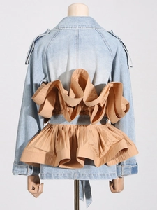 Light blue denim jacket with contrast camel pleated ruffles on the back, rear view