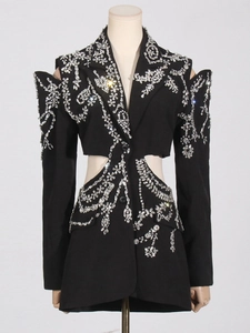 Elegant black cutout blazer with sparkling rhinestone floral patterns and tailored lapel
