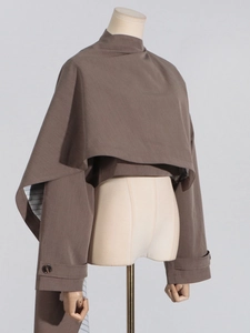 Coffee brown cropped shawl jacket with long sleeves and textured fabric for women