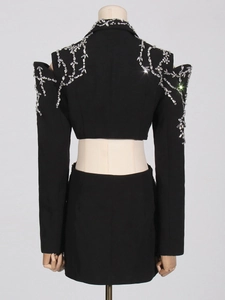 Elegant black rhinestone-embellished cropped blazer suit with matching mini skirt
