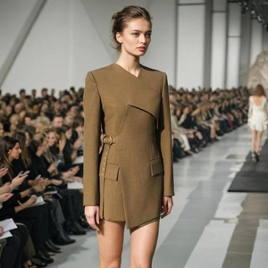 Detail of tailored olive brown blazer dress with asymmetrical collar and metal buckle belt