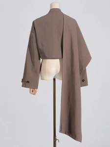 Brownish grey cropped blazer with asymmetrical deconstructed design shown from the back