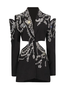 Luxe black cold-shoulder blazer with silver rhinestone floral embellishments and cut-outs