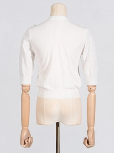 Elegant white knit top for women with short sleeves and ribbed hem back view