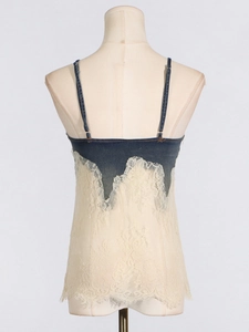 Women's two-piece set featuring a denim lace camisole top with detailed embroidery