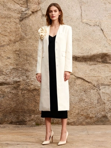 Elegant Women Satin Trench Coat With 3D Flower Decoration V Neck Single Breasted Long Sleeve Mid Length Outerwear Jacket