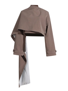 Modern asymmetric dark brown cropped blazer jacket with draped side panel and high collar
