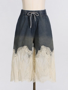 Women's gradient denim wide leg pants with elegant beige lace splicing and drawstring waist
