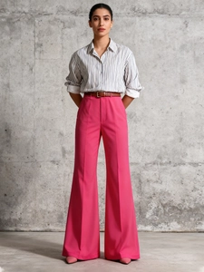 Damen Magenta Rüschenärmel Blazer Und Hohe Taille Schlaghosen Slim Fit Mode Büro Lady Commuter Outfit