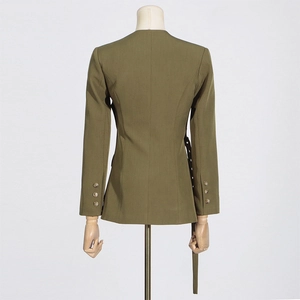 Rear view of olive green slim fit blazer showing waist tailoring and buttoned cuffs