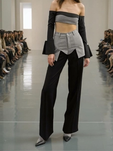 Women Fashion Patchwork Design High Waist Wide Leg Pants High-End Casual Straight Long Trousers Black Grey Contrast Pants