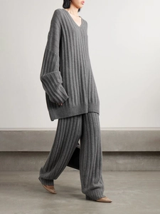 Women Casual Knit Top And Bottom Ribbed V Neck Long Sleeve Loose Sweater With High Waist Wide Leg Pants Lounge Wear
