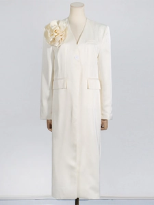 Elegant cream white trench coat with a large 3D floral accent on shoulder