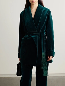 Women's Luxurious Velvet Blazer Jacket With Tassel Tie Belt Elegant Long Sleeve Wrap V-Neck Vintage Casual Outerwear