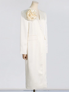 Elegant off-white satin long trench coat featuring a large 3D floral accent on the shoulder