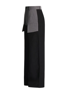 Women's high waist wide leg trousers with grey contrast stitching and side flap detail
