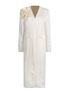 Elegant white mid-length trench coat with unique 3D floral applique on the shoulder