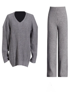 Minimalist grey ribbed knit lounge set featuring V-neck sweater and wide-leg trousers
