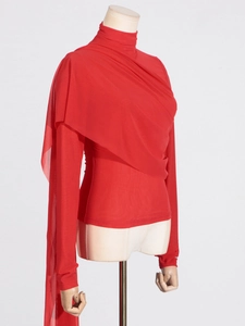 Red high-neck long-sleeve mesh top featuring elegant asymmetric layered drape design