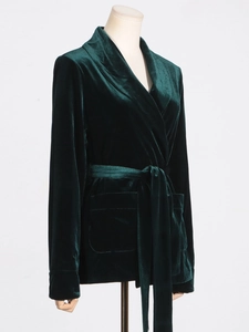 Elegant dark green velvet blazer with waist tie and lapel collar for women