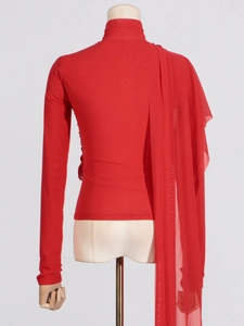 Slim fit high-neck long sleeve red top for women featuring asymmetrical chiffon drape detail