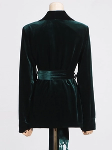 Elegant dark green velvet women's blazer with waist tie design and long sleeves