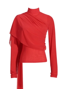 Red long sleeve mesh top with stylish high collar and asymmetric draped front design