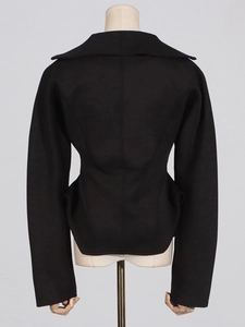 Structured black cropped jacket for women featuring a back view with sculptural silhouette