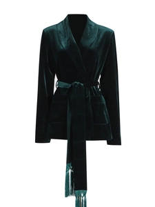 Deep green velvet wrap blazer with tassel belt and lapel collar for women fashion