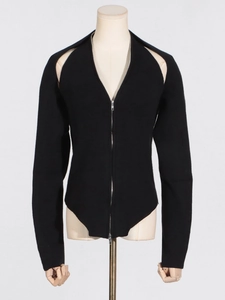 Elegant black ribbed knit bodysuit with shoulder cut-outs and front dual zipper