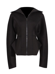 Women's slim fit black jacket with sharp collar and structured peplum waist detail