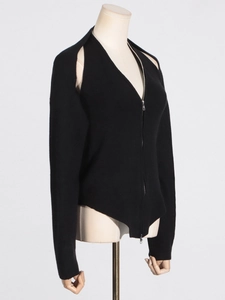Chic black halter neck long sleeve two-piece knit set for women with ribbed texture
