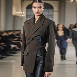 Détail d'un blazer marron foncé avec découpe asymétrique à la taille et revers élégant