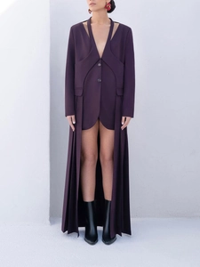 Women Deep Purple Deconstructed Long Trench Coat V Neck Cut Out Detail Pleated Hem Streetwear Fashion Buttons Long Sleeve Jacket