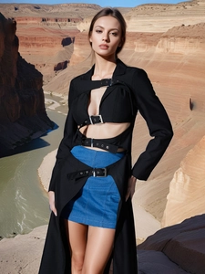 Women's Sexy Street Style Black Hollow Out Trench Coat Metal Buckle Belted Long Sleeve Slim Fit Avant-Garde Maxi Coat