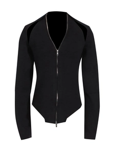 Slim fit black ribbed knit bodysuit with full zipper and shoulder cutout details