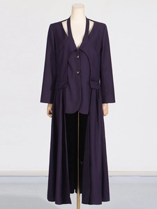Deep purple long trench coat with suit collar, shoulder cut-outs and pleated hem