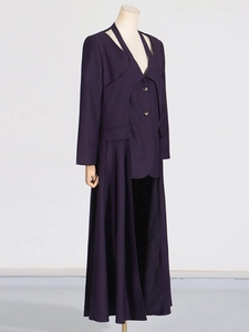 Dark purple deconstructed long trench coat with pleated hem and v-neck suit collar