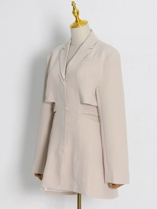 Chic beige long-sleeve blazer dress with side waist cut-outs and classic notched lapel