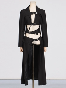 Sexy black long trench coat with waist cut-outs and silver metal buckles for women