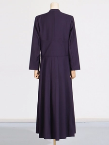 Deep purple long trench coat for women with pleated hem and long sleeves back view