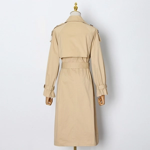 Detailed back view of khaki trench coat with double storm flap and waist belt detail