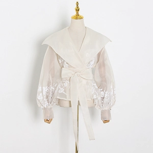 Detailed view of floral embroidery on beige organza shirt with elegant lantern sleeves