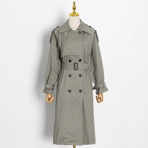 Detail of sage green trench coat featuring double-breasted buttons and classic waist belt