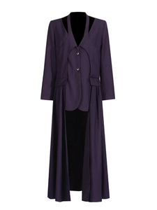 Deconstructed dark purple double-breasted trench coat with cutout shoulders and pleated hem