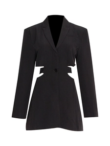 Chic black long sleeve blazer for women with waist cut-out design and single-breasted closure