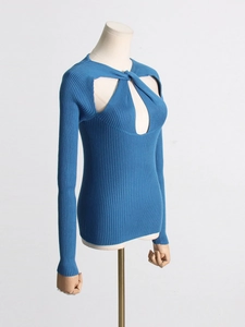 Slim fit hollow knot long sleeve rib-knit sweater in elegant peacock blue for women